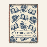 Personalized Blue Toile Books & Flowers Reading Woven Blanket
