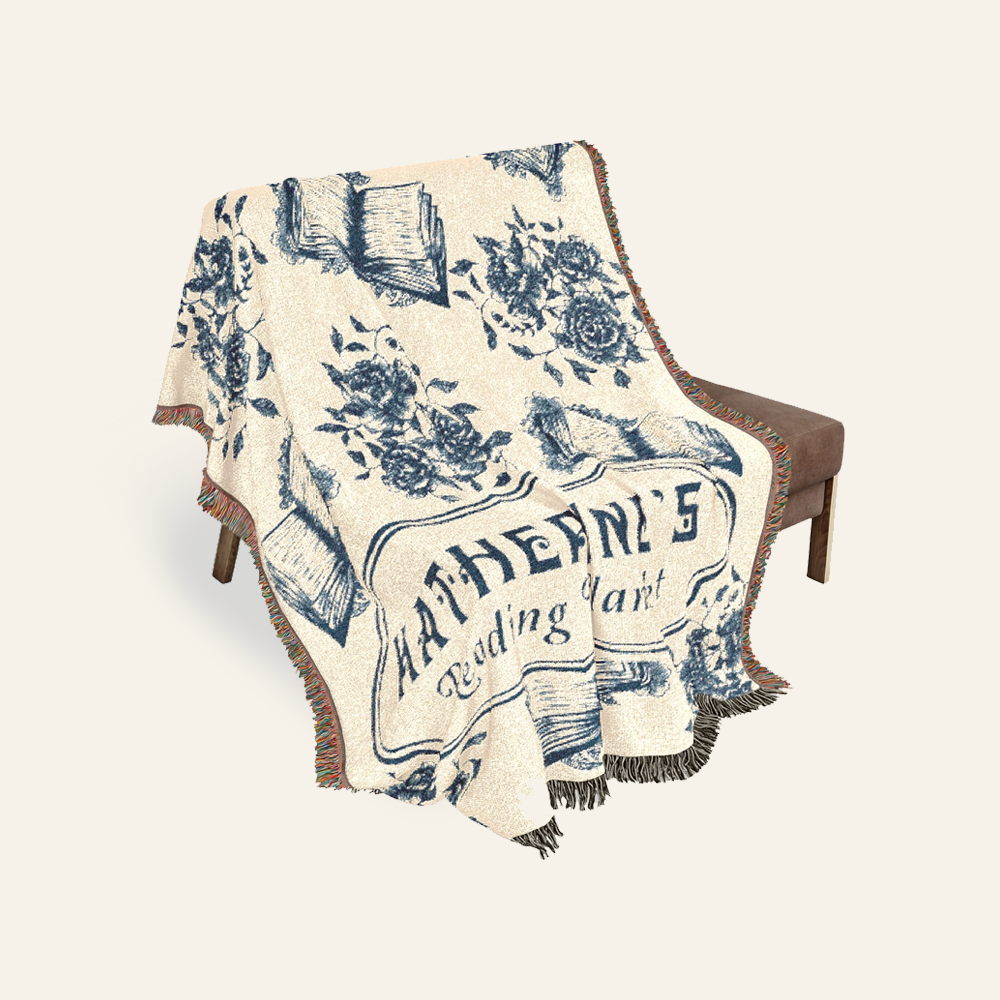 Personalized Blue Toile Books & Flowers Reading Woven Blanket