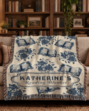 Personalized Blue Toile Books & Flowers Reading Woven Blanket