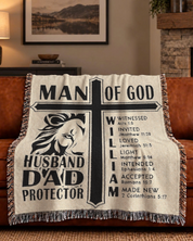 Man Of God, Husband, Dad & Protector: Lion, Cross & Scripture - Personalized Woven Blanket